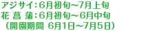 アジサイ：6月初旬～7月上旬、花菖蒲：6月初旬～6月中旬